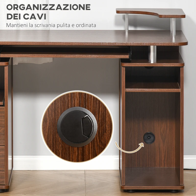 HOMCOM Scrivania per Computer Moderna Porta PC in Legno con Cassetti, Scrivania Salvaspazio Con Libreria, Mensola Estraibile e Porta Tastiera, 120x55x85cm, Marrone