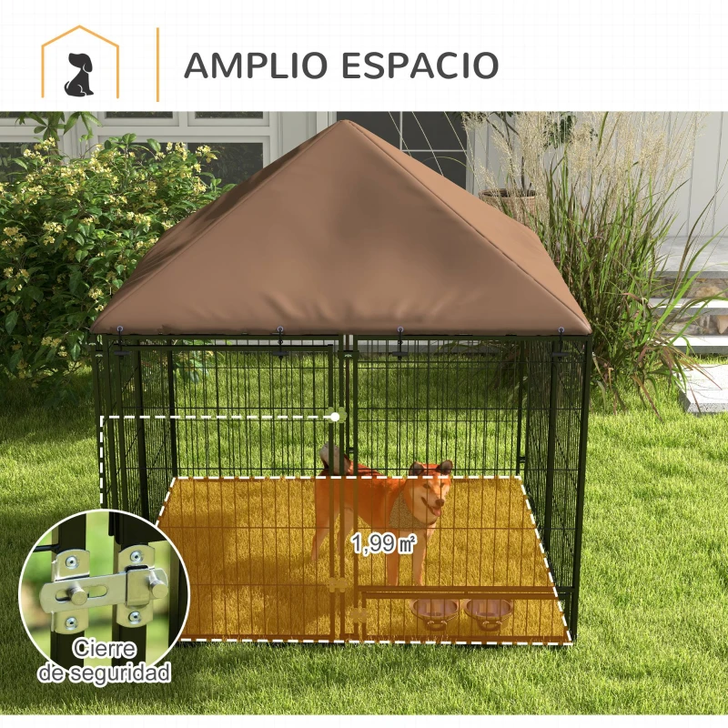 PawHut Perrera con Toldo y Soporte Giratorio para Comida 2 Cuencos Incluidos 141x141x151 cm Negro(m-8)