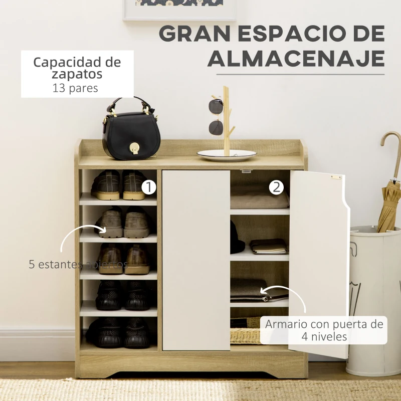 HOMCOM Zapatero Estrecho de Estilo Moderno para 13 Pares de Zapatos para Entrada Pasillo 80x30x80 cm Natural y Blanco