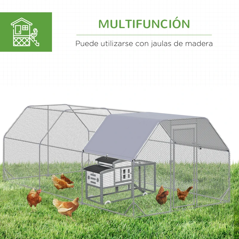 PawHut Gallinero para Exterior Grande 2,8x5,7x2 m Jaula de Gallinas de 3 Habitaciones Cubierta de Tela Oxford Anti-UV Plata