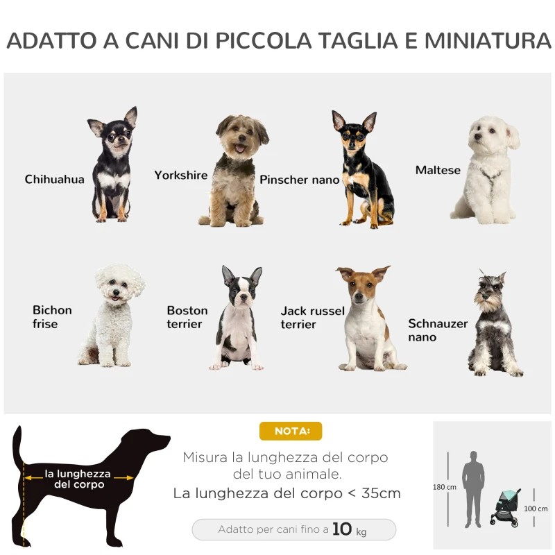 PawHut Passeggino per Cani Piccoli Pieghevole a 3 Ruote con Copertura Antipioggia e Cestino, Verde