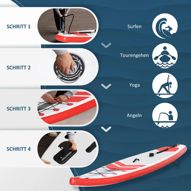 Outsunny Aufblasbares Surfbrett 320 cm Surfboard Stand Up Board mit Paddel faltbar EVA Rutschfest inkl. Zubehör Weiß+Rot