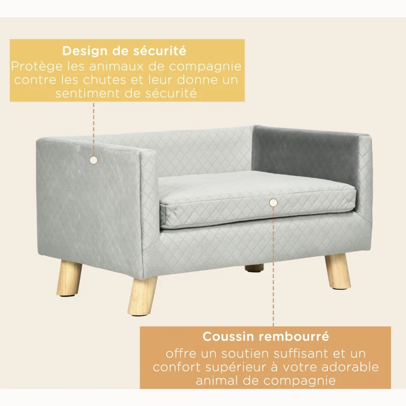 PawHut Canapé chien lit pour chien design scandinave coussin moelleux pieds bois massif dim. 64 x 45 x 36 cm velours gris