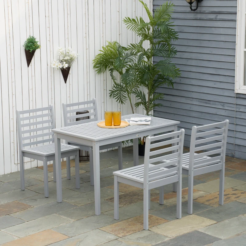 Outsunny Conjunto de Muebles de Jardín de Madera 5 Piezas Juego de Mesa y 4 Sillas Decoración para Terraza Patio Balcón Gris