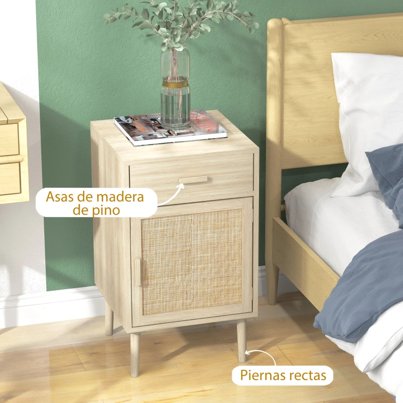 HOMCOM Juego de 2 Mesitas de Noche Mesillas de Noche con Cajón de Ratán y Estante Ajustable 40x40x68,5 cm Roble