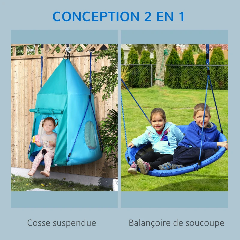 Outsunny Balançoire nid d'oiseau avec tente amovible Ø 100 cm charge max. 150 Kg corde réglable en hauteur 120 à 180 cm bleu
