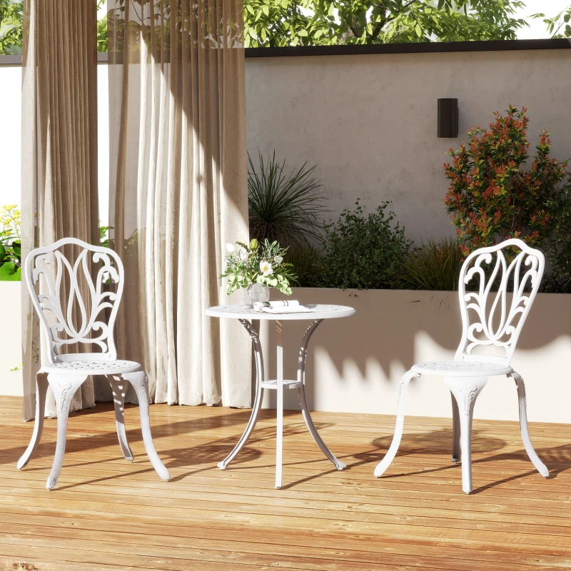 Outsunny 3 Piece Garden Bistro Set, Cast Aluminium Outdoor Furniture Set with Umbrella Hole for Balcony, Porch, Patio, White