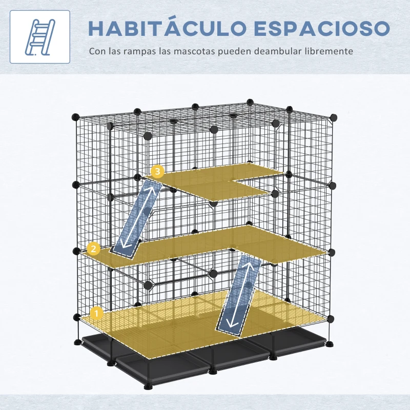 PawHut Jaula para Animales Pequeños Parque Modulable y Desmontable con 4 Puertas 6 Bandejas Extraíbles 111x75x119 cm Negro