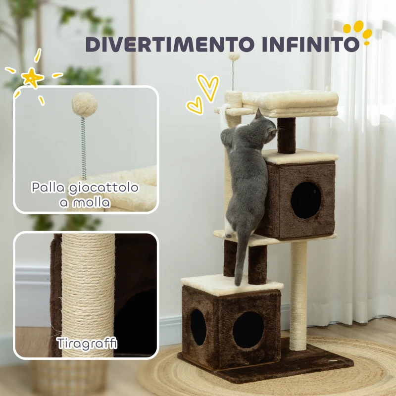 PawHut Albero Tiragraffi per Gatti con 2 Casette, Lettino, Piattaforme di Salto e Pallina, in Legno, 55x48x107 cm