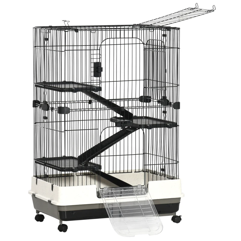 PawHut Cage pour petits animaux roulante 3 plates-formes démontables 3 rampes plateau inférieur amovible métal PP 81,2 x 52,7 x 114 cm noir
