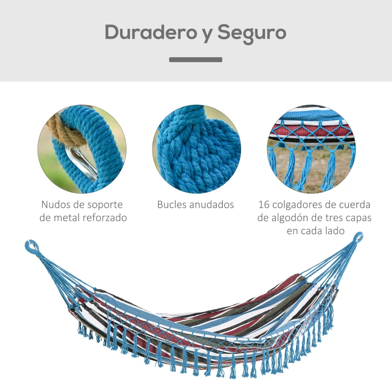 Outsunny Hamaca Doble Portátil de Algodón 285x150 cm con Bolsa de Transporte para Exteriores Patio Jardín Playa Camping Carga 120 kg Multicolor