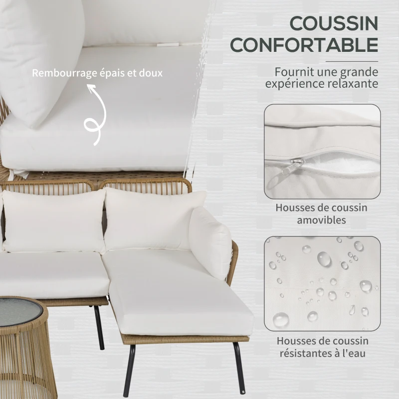 Outsunny Salon de jardin extérieur d'angle moduable 4 places en résine tressée canapé de jardin extérieur avec table basse coussins grand confort inclus crème