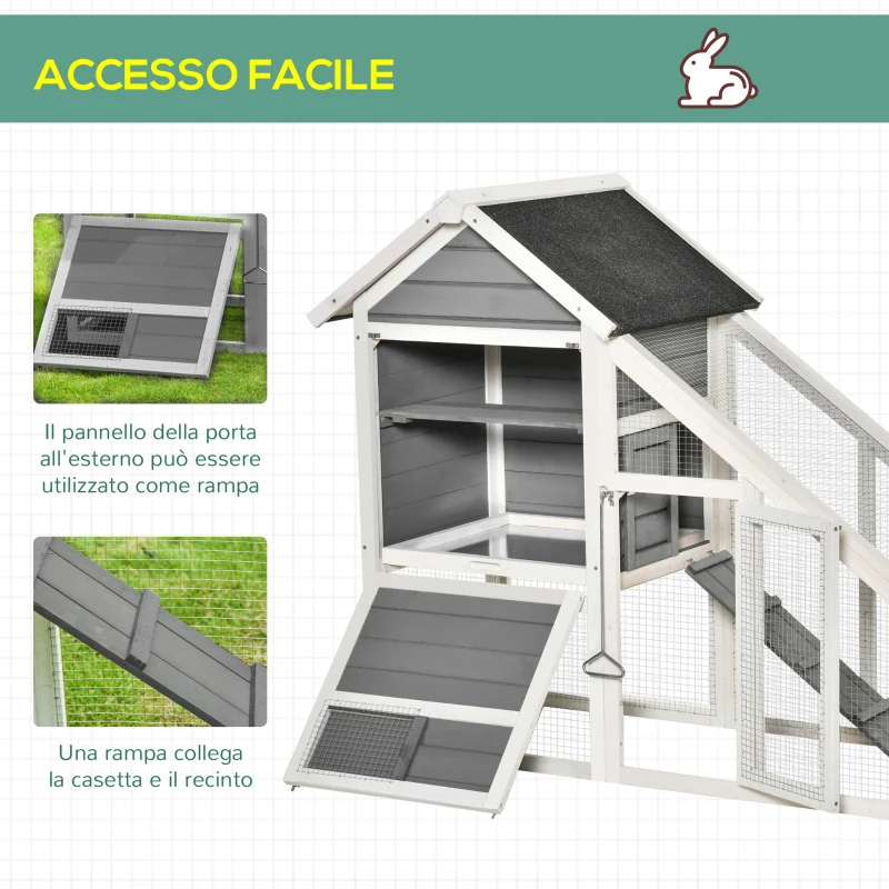 PawHut Conigliera in Legno con Area Aperta e Rampa, Gabbia per Conigli con Fondo Estraibile e Porte, 140x65x120 cm, Grigia