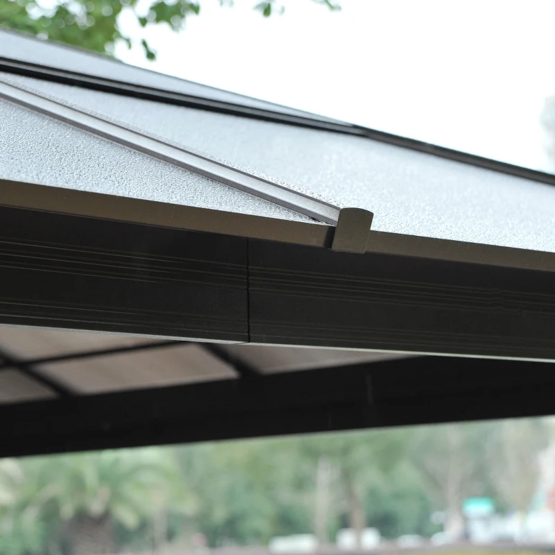 Outsunny Hardtop-Gartenpavillon 4,2 x 3,6 m, Vorhänge mit Fliegennetz, Alugestell, Braun+Creme