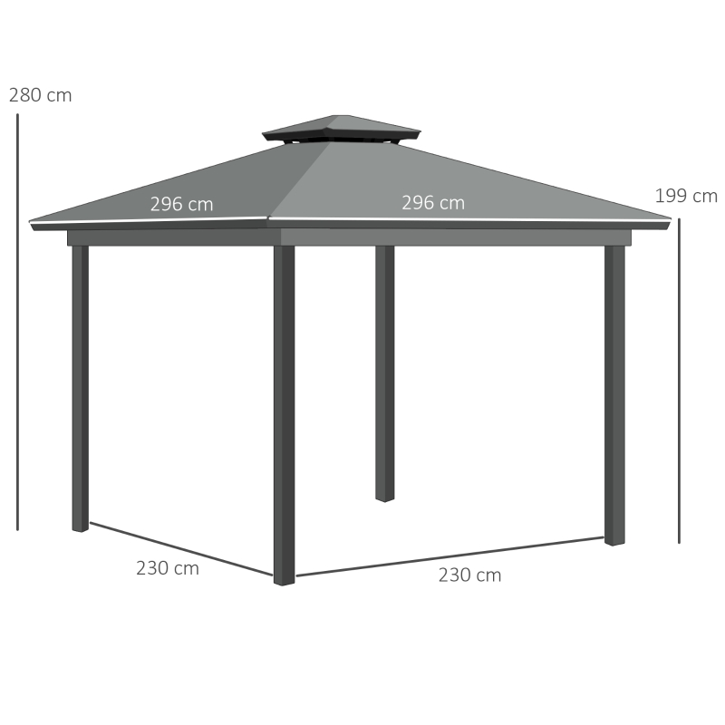 Outsunny Tonnelle de jardin pour terrasse avec 4 parois latérales double toit protection solaire 3 x 3 m gris