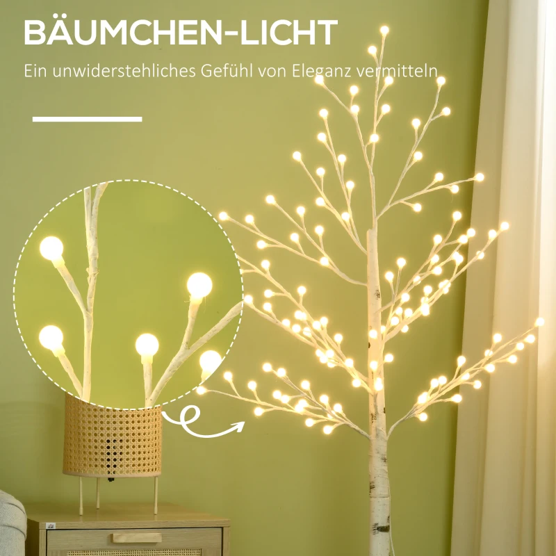 HOMCOM Künstliche Birke mit 120 LED-Lichtern, 3 Helligkeitsstufen, faltbare Äste, IP44, 150 cm, Weiß