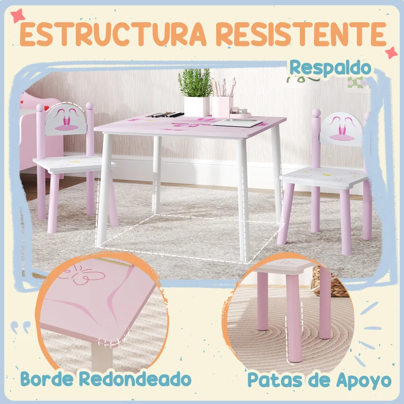 AIYAPLAY Mesa y Sillas Infantiles para Niños de 2-5 Años de 3 Piezas Mesa Infantil con Sillas para Sala de Juegos Rosa y Blanco