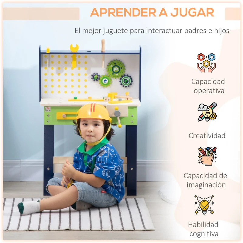 HOMCOM Banco de Herramientas de Madera para 3-6 Años con 27 Accesorios y Herramientas de Juguete 55,3x30x78cm Multicolor