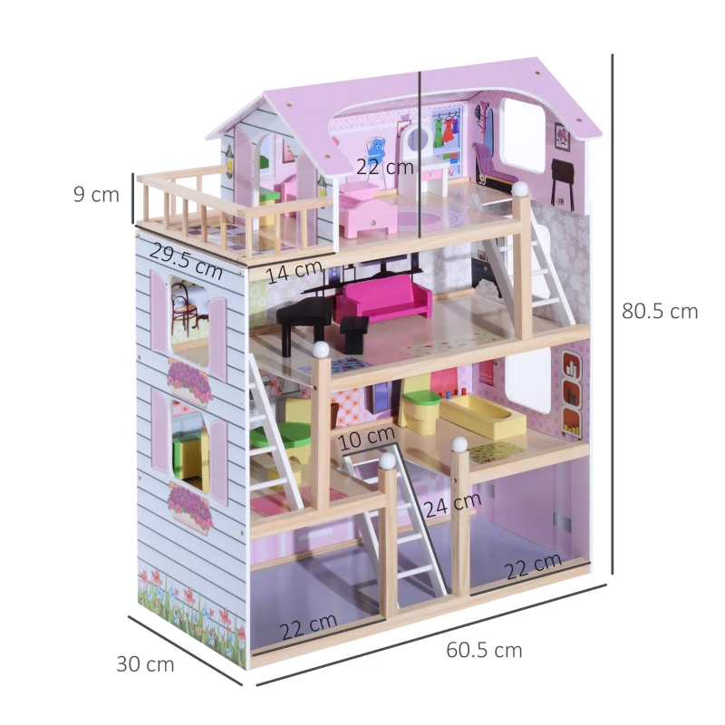 HOMCOM Casa delle Bambole per Bambini 3+ Anni in Legno di Pino e MDF a 4 Piani con 13 Accessori, Rosa, 60x30x80 cm