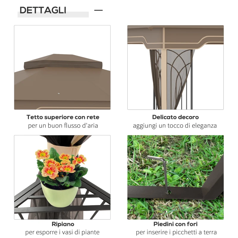Outsunny Gazebo da Giardino con Zanzariera, Doppio Tetto e Struttura Metallo, 3.7x3m Marrone e Beige