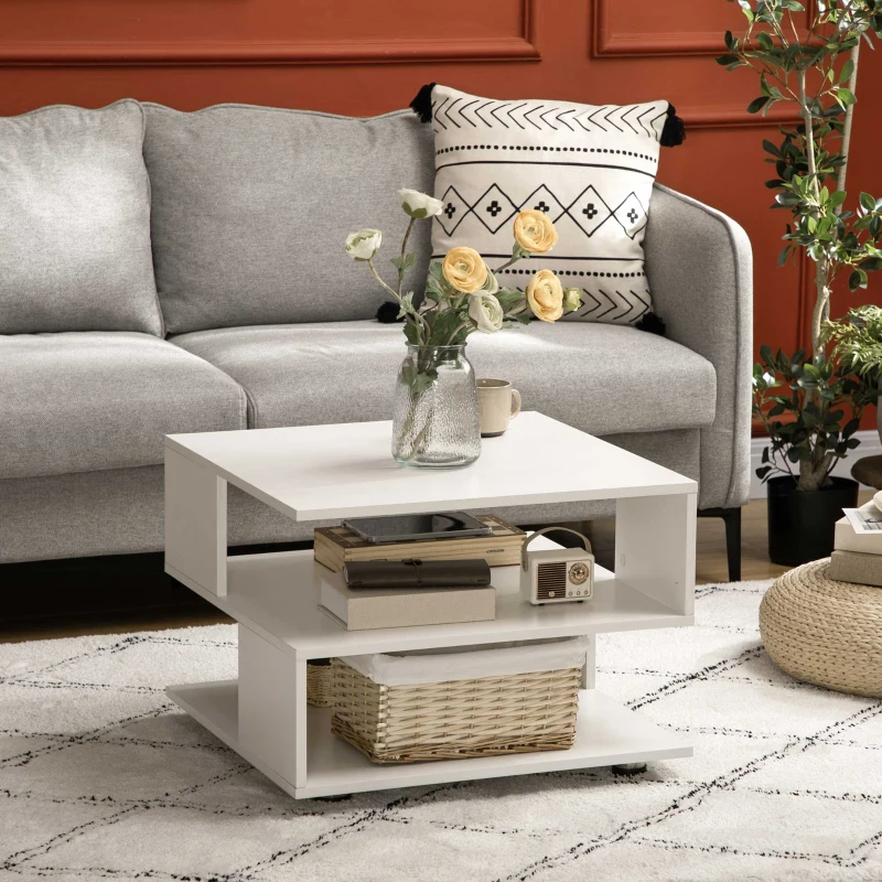 HOMCOM Tavolino da Caffè Asimmetrico in Legno con Ripiani e Piedini Regolabili, 60x60x45cm, Bianco