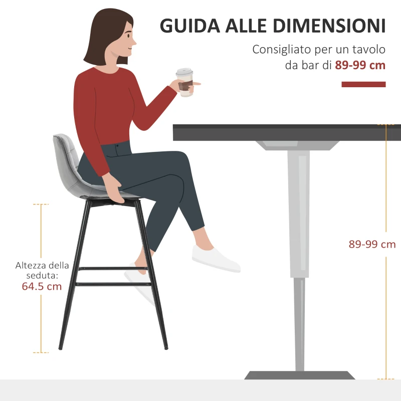 HOMCOM Lot de 2 tabourets chaises de bar design en velours capitonné et métal hauteur 64,5 cm - gris