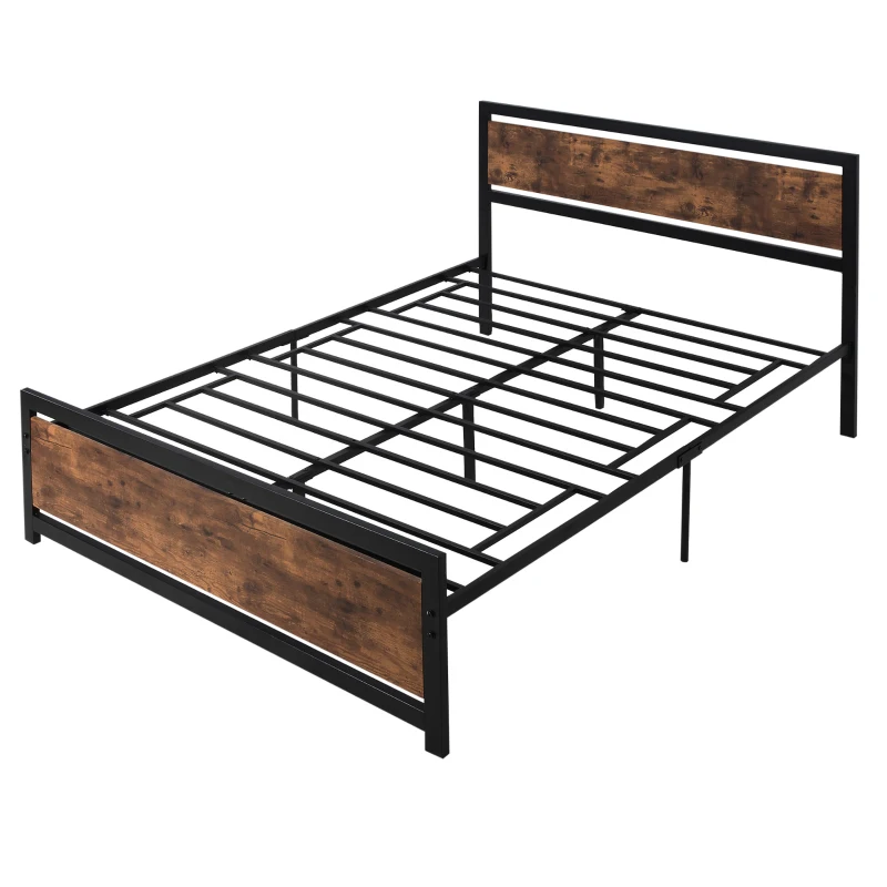 HOMCOM Marco de Cama Doble de Metal para Colchón 150x200 cm con Cabecera de Madera Estructura de Cama con Espacio Bajo de Almacenamiento 160x208x103 cm Negro y Marrón Rústico