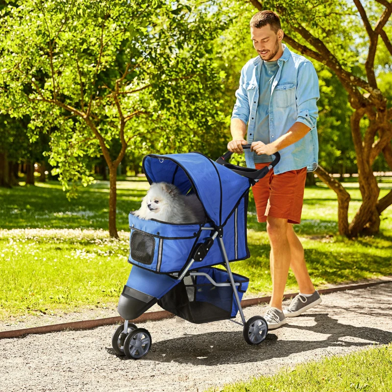 PawHut Passeggino per Cani Piccoli Pieghevole, Carrozzina per Cani con Ruote con Freni, Portabicchieri, Cestino Portaoggetti e Imbottitura Rimovibile e Lavabile, per Animali Domestici 10 kg, Blu