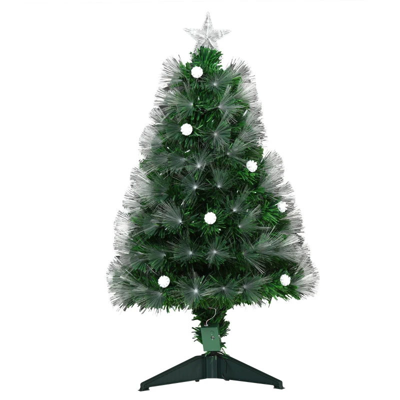 HOMCOM Sapin de Noël Artificiel Lumineux 90H cm Fibre Optique LED + 14 Ampoules + Support Pied 90 Branches étoile Sommet Brillante Vert