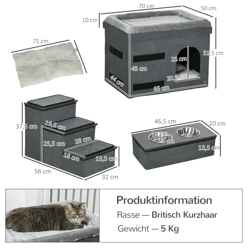 PawHut Katzenhaus Katzenhütte Katzenhöhle, 3 Haustiertreppen, 2 Fressnäpfe, 70 x 50 x 51, cm, Grau(m-3)