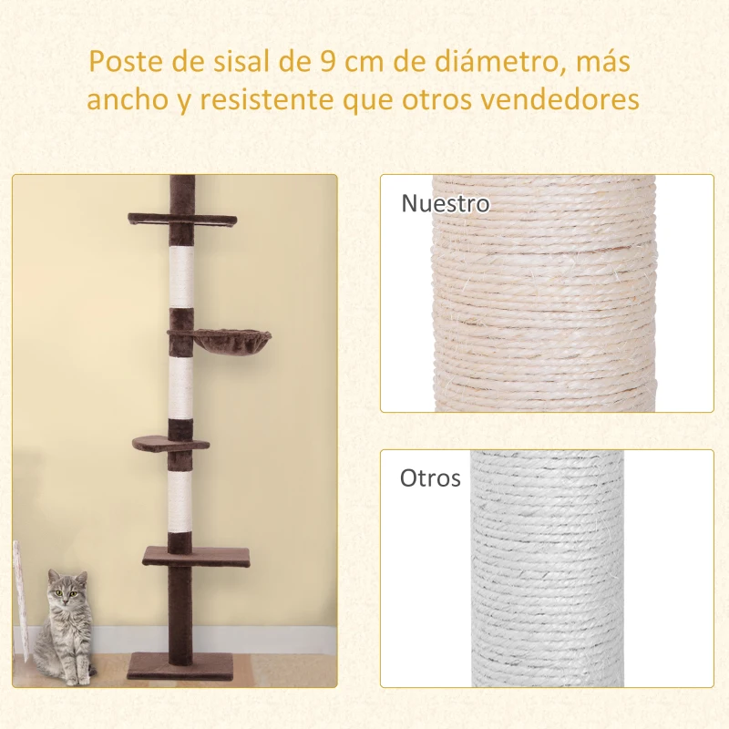 PawHut Árbol para Gatos de Suelo a Techo de 230-260 cm con Altura Ajustable Plataformas Hamaca y Postes de Sisal Marrón
