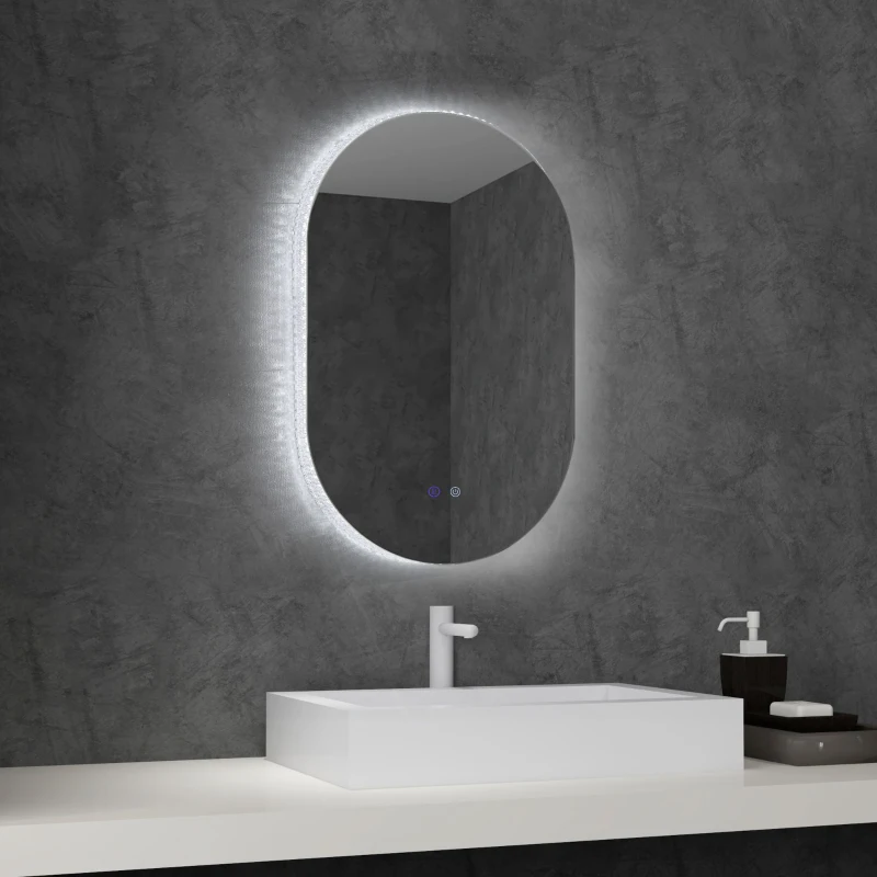 kleankin Miroir ovale mural lumineux LED salle de bain 81 x 51 cm 3 couleurs luminosité réglable interrupteur tactile transparent