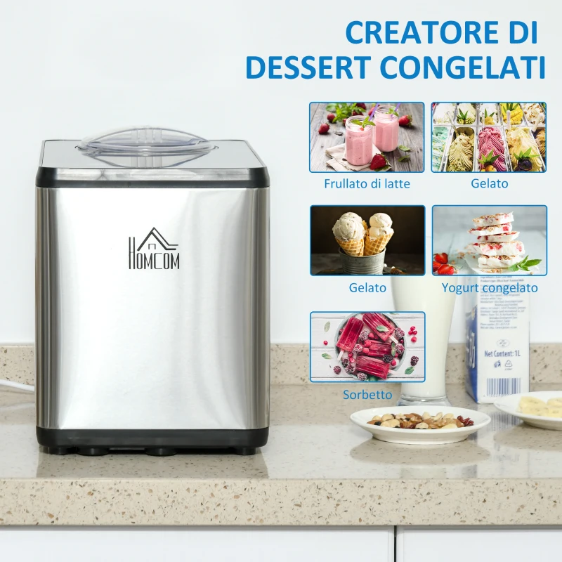 HOMCOM Gelatiera da 1.5L in Acciaio per Gelati, Yogurt e Milkshake, 38.4x24x32cm