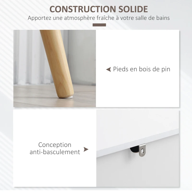 HOMCOM Buffet Meuble de rangement sur pied scandinave placards pour Salle de bain, salon, Cusine, Pieds en Bois Massif pin - Blanc - dim. 98L x 39l x 81,5H cm