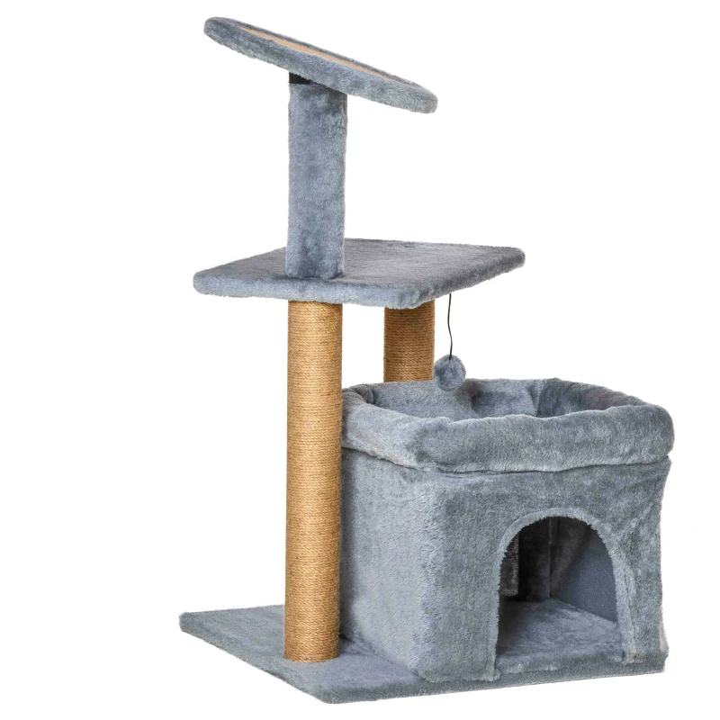 PawHut Tiragraffi per Gatti con Pali in Juta, Casetta e Cuscino, Rivestimento Peluche, Altezza 84cm, Grigio