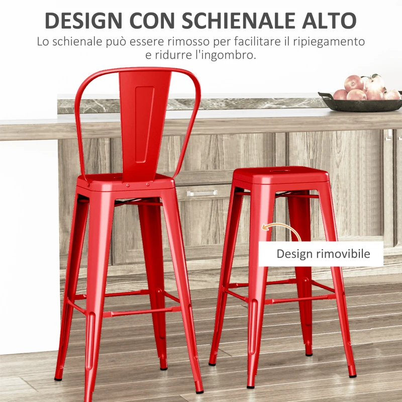 HOMCOM Set 2 Sgabelli da Cucina di Design con Schienale Rimovibile e Poggiapiedi, in Metallo, 44x46x116 cm, Rosso