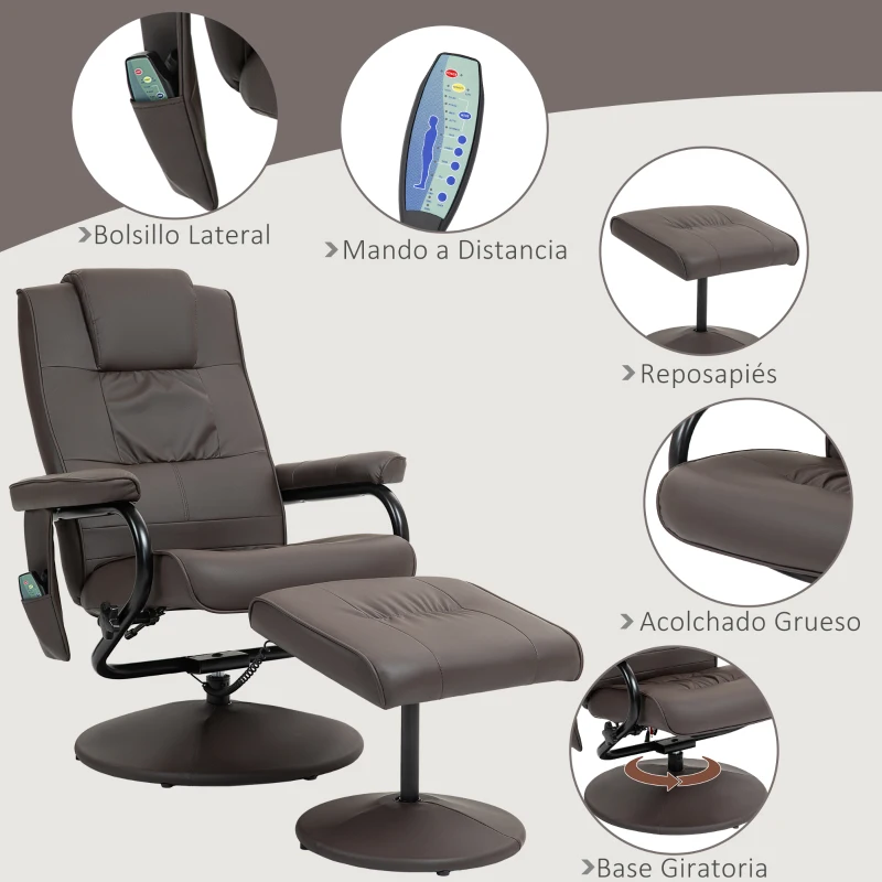 HOMCOM Sillón Relax Reclinable con Reposapiés con 10 Puntos de Masaje con Mando a Distancia para Salón Oficina Marrón