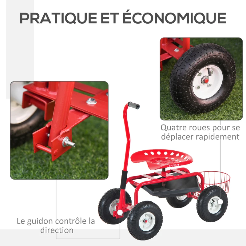 Outsunny 2 en 1 Tabouret pivotant Chariot Mobile de Jardin Charge Max. 150 Kg Rouge et Noir