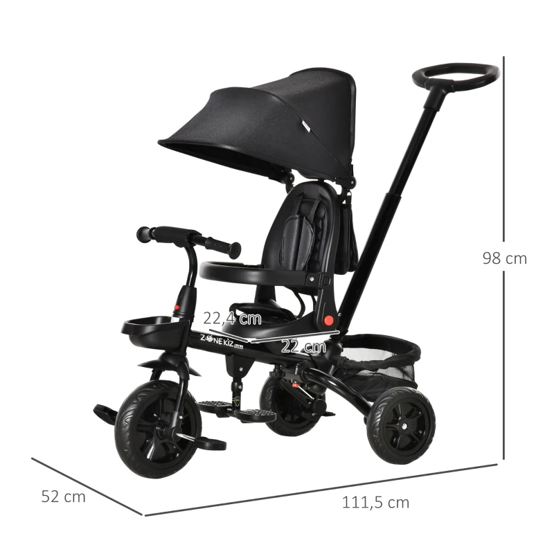 HOMCOM Tricycle Enfant évolutif Pliable 4 en 1 Multifonction - Pare-Soleil, Canne télescopique Amovible - siège pivotant, Harnais, Arceau sécurité - 3 paniers Rangement - métal PP Noir