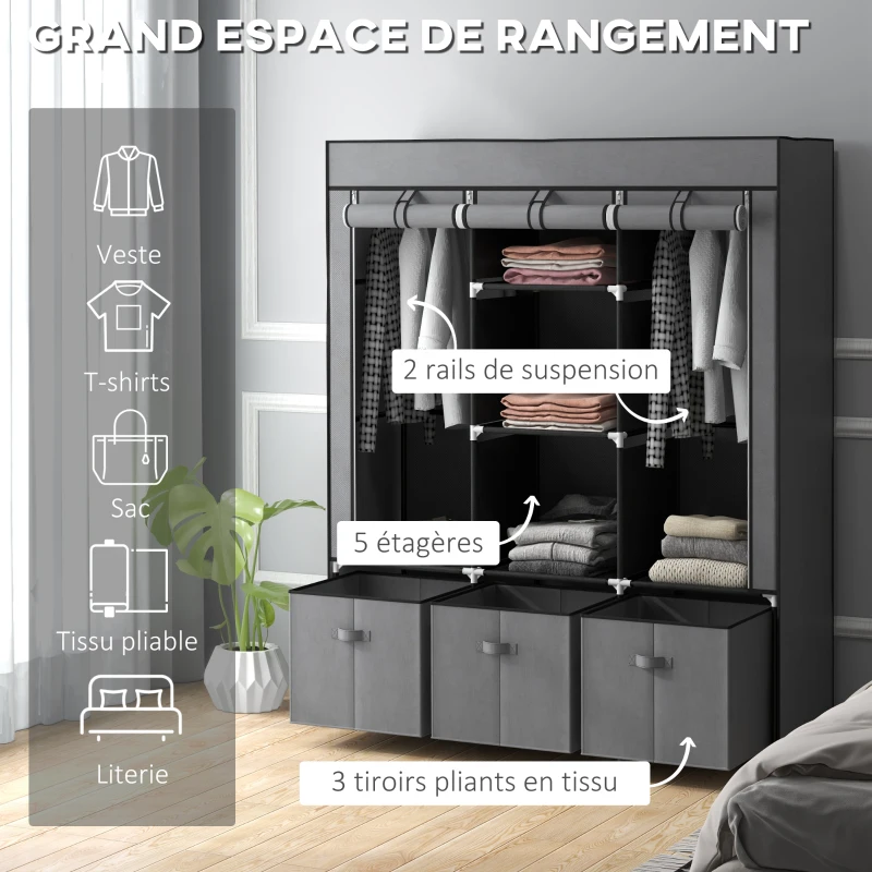 HOMCOM Armoire de rangement en tissu pliable avec 5 étagères, 2 tringles et 3 tiroirs en tissu 125L x 43l x 162.5H cm