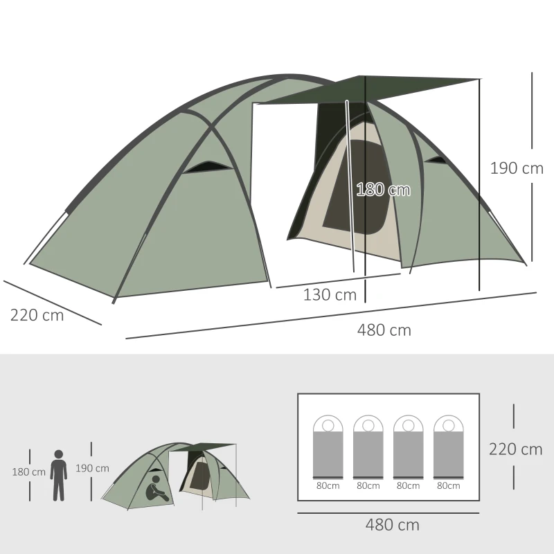 Outsunny Tienda de Campaña para 3-4 Personas Impermeable 2000mm Tienda Iglú Familiar Portátil con 2 Dormitorios 2 Puertas para Trekking Camping Playa Aventura 480x220x190 cm Verde