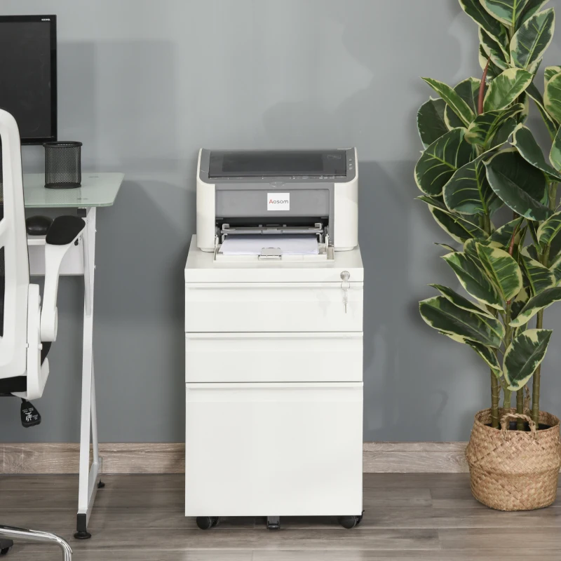 HOMCOM Caisson de bureau mobile rangement bureau sur roulettes 3 tiroirs verrouillables 39 x 48 x 60 cm blanc