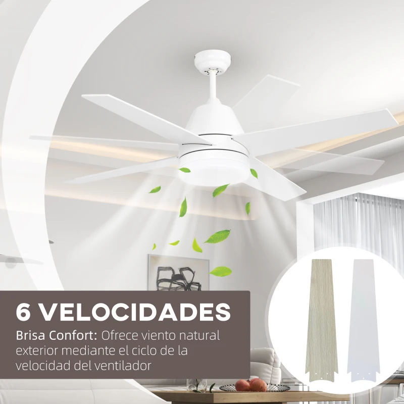 HOMCOM Ventilador de Techo con Luz 46W Ø129 cm Motor DC con 4 Aspas Reversibles Mando a Distancia y Temporizador Blanco