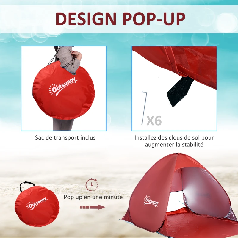 Outsunny Abri de plage tente de plage pliable pop-up automatique instantané protection UV fenêtre arrière grand tapis de sol rouge brique
