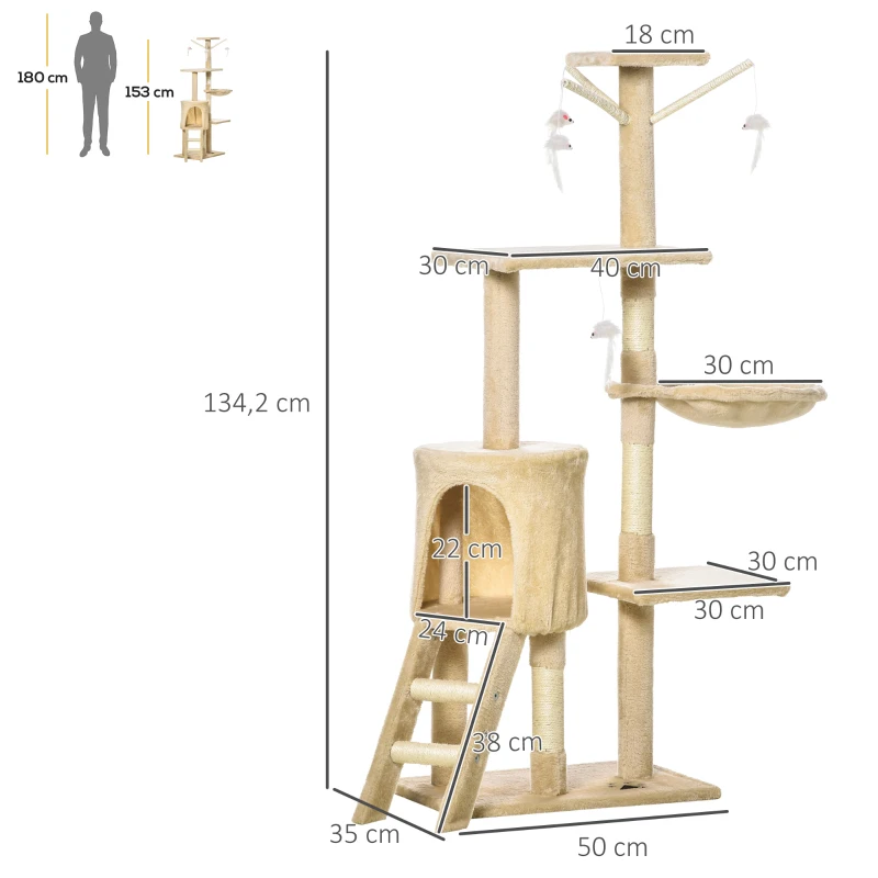PawHut Árbol para Gatos de 134,2 cm con Nidos Plataformas Casetas Ratón de Juego Hamaca y Postes de Sisal 50x35x134,2 cm Beige