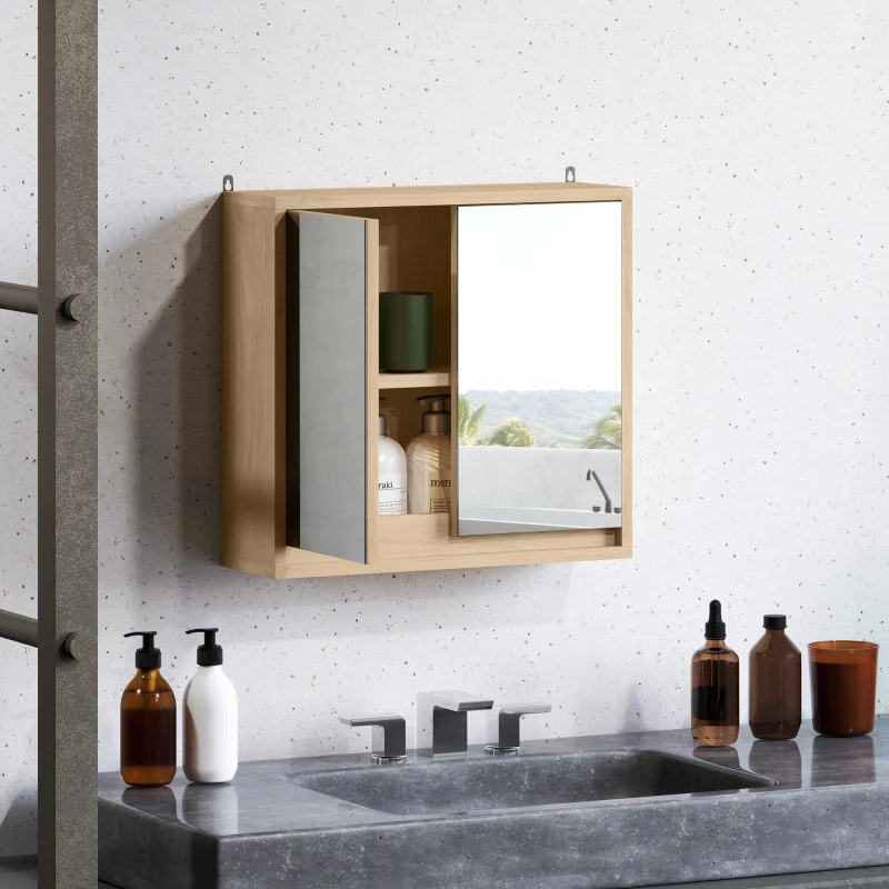 HOMCOM Armario de Baño con Espejo con 2 Puertas y Balda Ajustable Mueble Colgante de Estilo Moderno 48x14,5x45cm Natural(m-7)