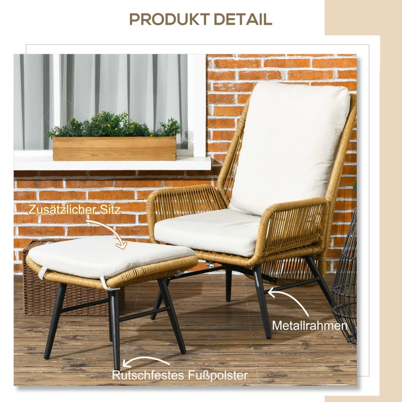 Outsunny Polyrattan Gartenstuhl und Hocker, verstellbare Lehne, Hellbraun/Grau/Schwarz(m-6)