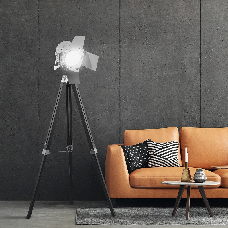 HOMCOM Industrial Tripod Floor Lamp, Nautical Cinema Standing Spotlight with Wood Legs and Adjustable Height for Living Room, Bedroom, Black and Silver