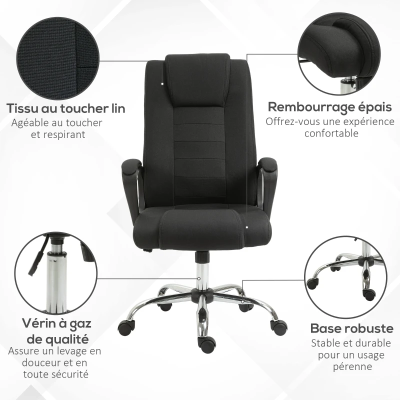 HOMCOM HOMCOM Fauteuil de bureau à roulettes chaise manager ergonomique pivotante hauteur réglable lin noir