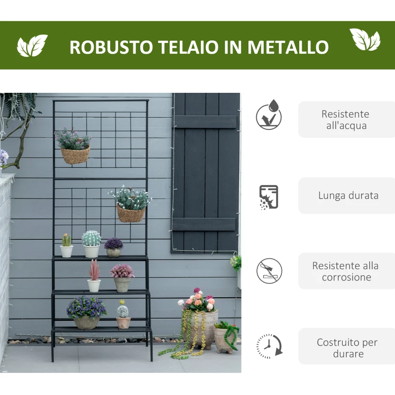Outsunny Scaffale Portapiante con 3 Ripiani e Pannello Verticale per Piante Rampicanti, in Metallo, Nero